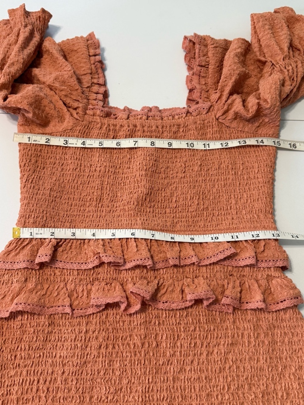 Rachel Parcell Bubble Crepe Smocked Ruffle Midi Dress XS Dusty Peach - Picture 11 of 16